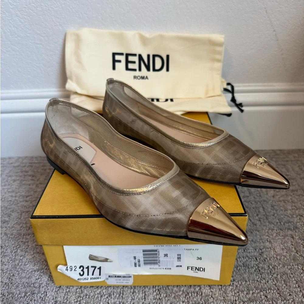 FENDI Colibri Ballerina FF Logo Mesh Pointed Cap Toe Ballet Flats Shoes